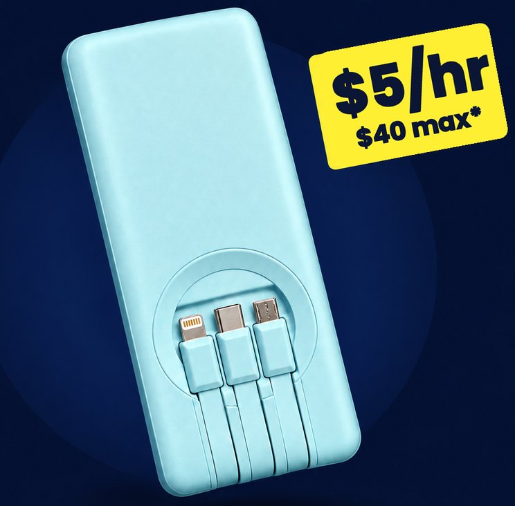 AMPED power bank with built-in iPhone, USB-C and Micro-USB cables, $5 an hour, $40 max